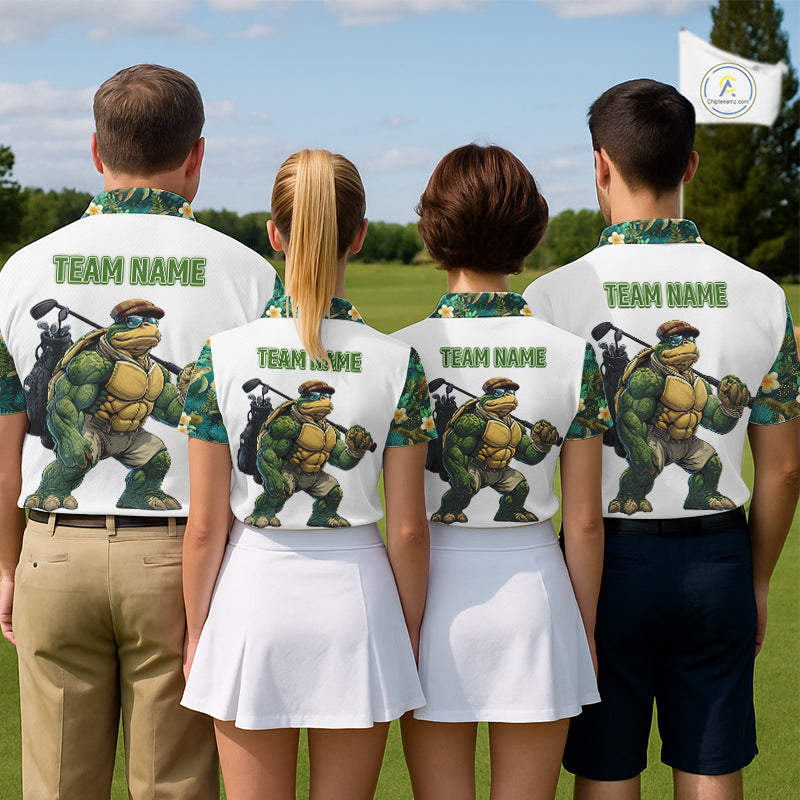 Funny Mens Golf Polo Shirt Custom Green Tropical Leaf Pattern Personalized Turtle Golf Shirts For Men NHN0003
