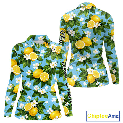 Funny Womens Long Sleeve Golf Polo Shirt Custom Blue Lemon Tree Pattern Golf Top, Golf Gifts NHN0142