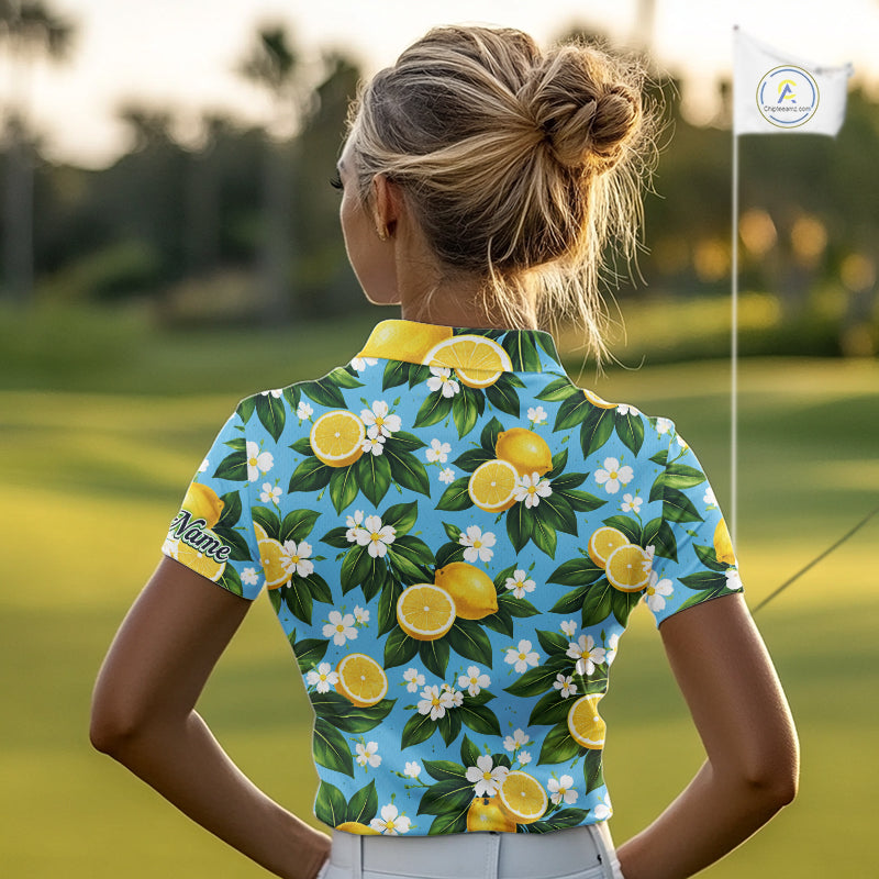 Funny Womens Golf Polo Shirts Custom Blue Lemon Tree Pattern Golf Top For Ladies, Golf Gifts NHN0142