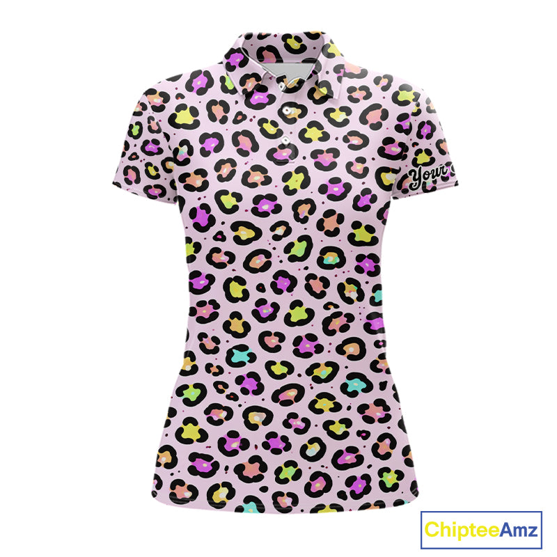 Womens Golf Polo Shirts Custom Colorful Neon Rainbow Leopard Team Golf Shirt Gifts For Golf Lovers NHN0154