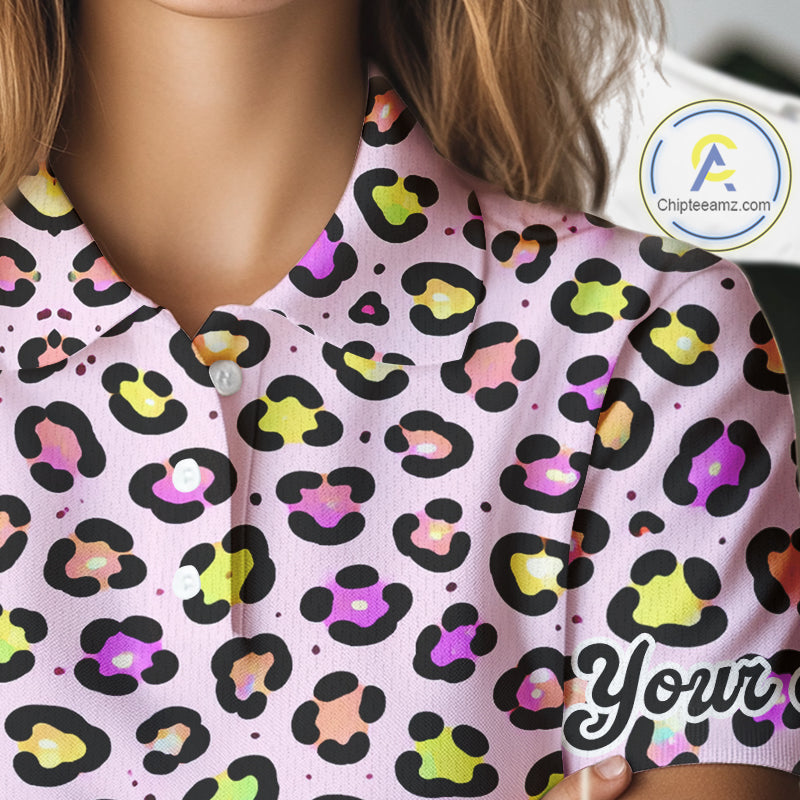 Funny Flamingo Womens Golf Polo Shirt Custom Colorful Neon Rainbow Leopard Pattern Team Golf Polo Gift NHN0155