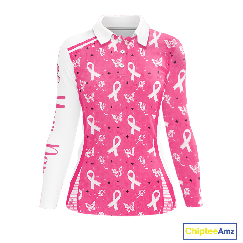 Pink Ribbon Womens Long Sleeve Golf Polo Shirt Custom Butterfly Breast Cancer Awareness Ladies Golf Top NHN0175