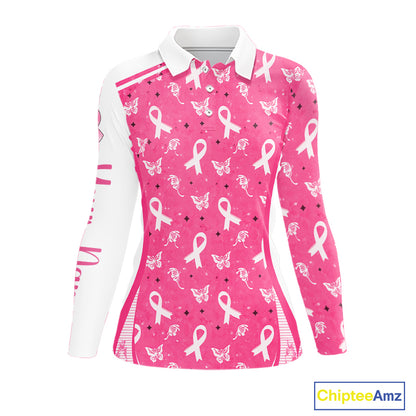 Pink Ribbon Womens Long Sleeve Golf Polo Shirt Custom Butterfly Breast Cancer Awareness Ladies Golf Top NHN0175