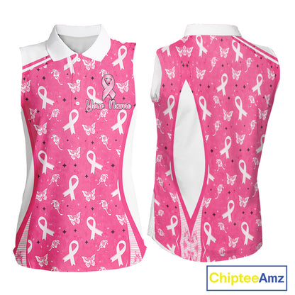 Pink Ribbon Womens Sleeveless Golf Polo Shirt Custom Butterfly Breast Cancer Awareness Ladies Golf Top NHN0175