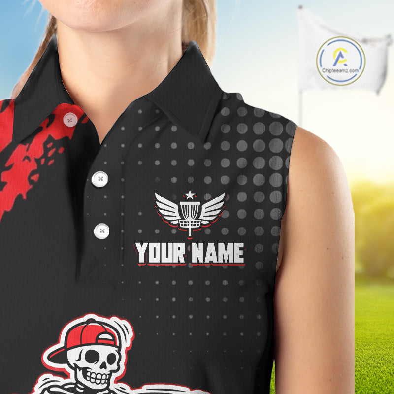 Skull Womens Sleeveless Disc Golf Polo Shirt Custom Name Black And Red Disc Golf Basket Golf Shirts NHN0049
