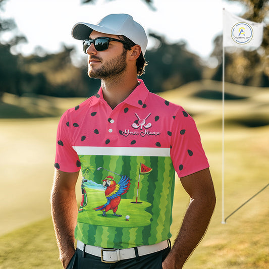 Funny Mens Golf Polo Shirt Custom Watermelon Tropical Pattern, Parrot Golf Shirts For Team NHN0183