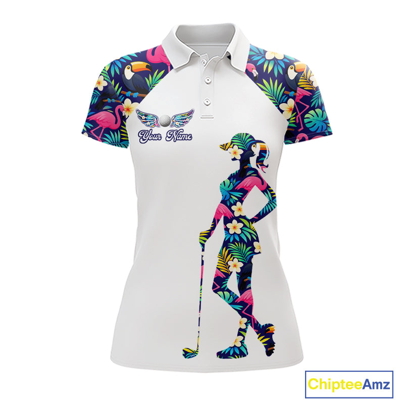 Womens Golf Polo Shirt Custom Toucan Tropical Pattern, Flamingo Golf Shirts For Ladies NHN0099