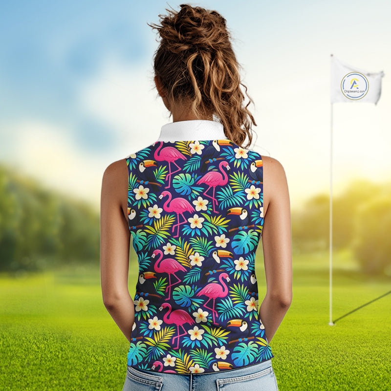 Funny Womens Sleeveless Golf Polo Shirt Custom Tropical Pattern, Flamingo Golf Shirts For Ladies NHN0099