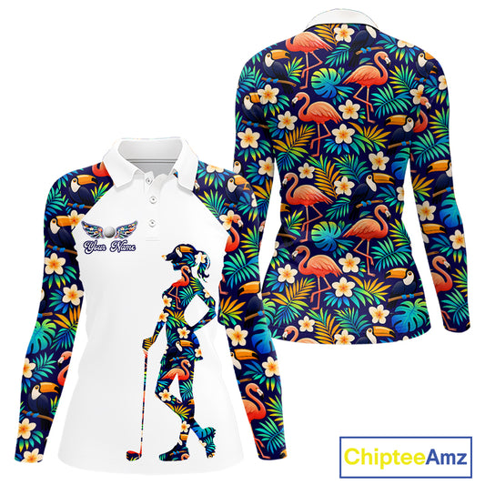 Funny Womens Long Sleeve Golf Polo Shirt Custom Toucan Tropical Pattern, Flamingo Golf ShirtsNHN0099