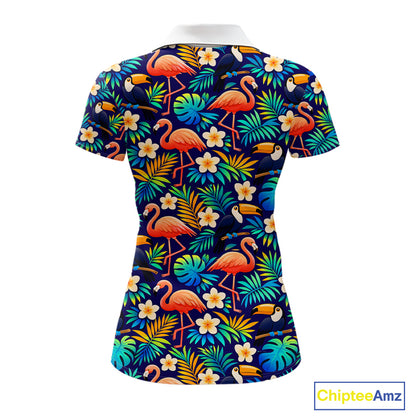 Funny Womens Golf Polo Shirt Custom Toucan Tropical Pattern, Flamingo Golf Shirts For LadiesNHN0099