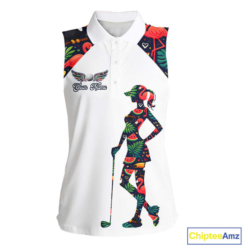 Funny Womens Sleeveless Golf Polo Shirt Custom Tropical Summer Pattern, Flamingo Golf Shirts For Ladies NHN0099