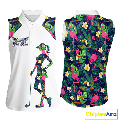 Funny Womens Sleeveless Golf Polo Shirt Custom Tropical Pattern, Flamingo Golf Shirt For Ladies NHN0099