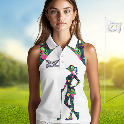 Funny Womens Sleeveless Golf Polo Shirt Custom Tropical Pattern, Flamingo Golf Shirt For Ladies NHN0099