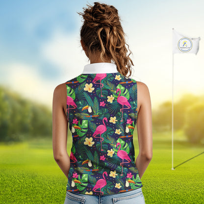 Funny Womens Sleeveless Golf Polo Shirt Custom Tropical Pattern, Flamingo Golf Shirt For Ladies NHN0099