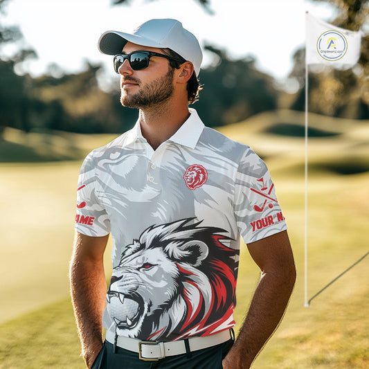 Lion Mens Golf Polo Shirt Red And White Lion King Sketching Polo Shirt Best Golf Shirt For Men NHN0055