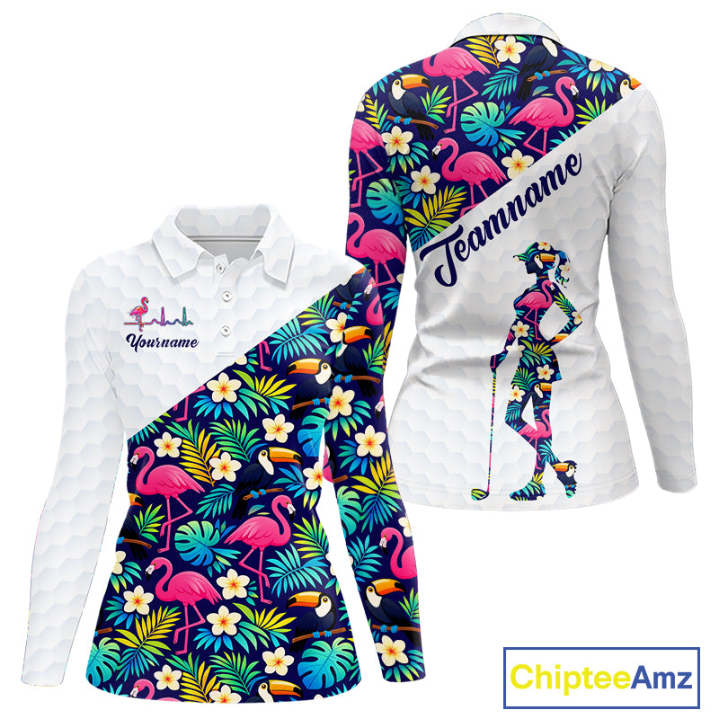 Funny Womens Long Sleeve Golf Polo Shirt Custom Toucan Tropical Pattern, Flamingo Golf Shirts NHN0192