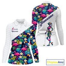 Load image into Gallery viewer, Funny Womens Long Sleeve Golf Polo Shirt Custom Toucan Tropical Pattern, Flamingo Golf Shirts NHN0192