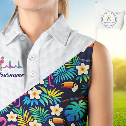 Funny Womens Sleeveless Golf Polo Shirt Custom Toucan Tropical Pattern, Flamingo Golf Shirt For Ladies NHN0192