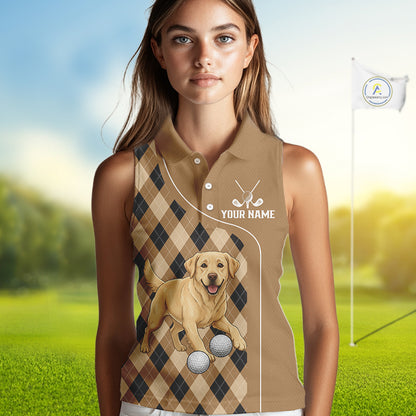 Funny Golden Retriever Womens Sleeveless Golf Polo Shirt Custom Argyle Plaid Pattern Team Golf Tops NHN0197
