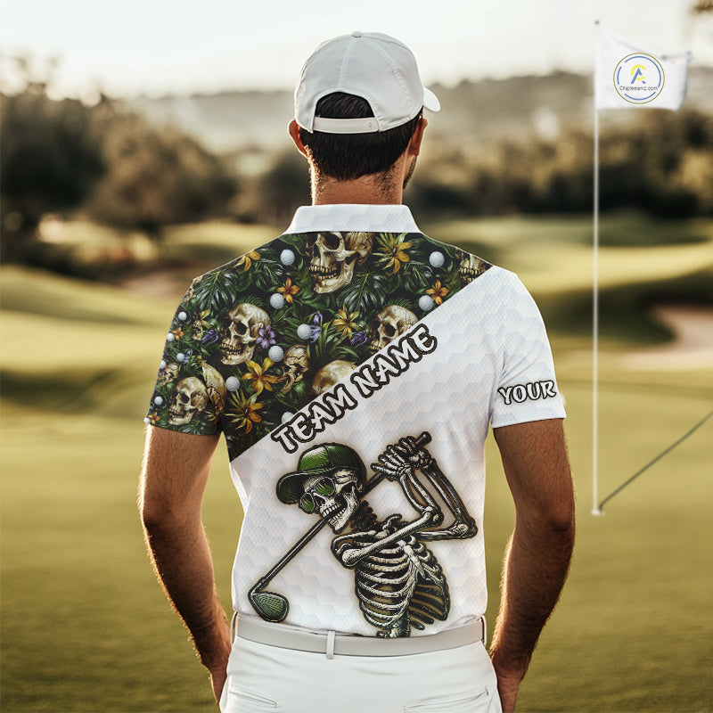 Funny Mens Golf Polo Shirts Custom Green Tropical Leaf Pattern Personalized Skull Golf Shirts For Men NHN0071