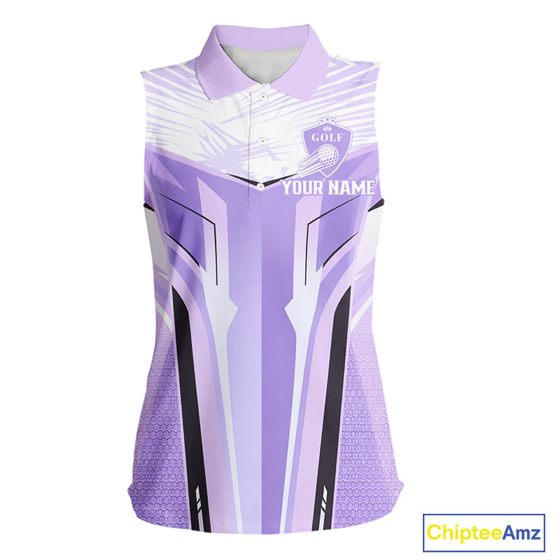 Womens Sleeveless Golf Polo Shirt Purple Geometric Pattern Custom Team Ladies Golf Tops, Golf Gifts NHN0199
