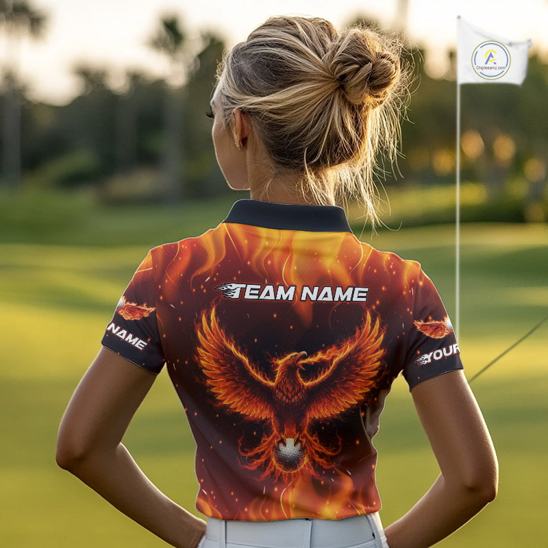 Womens Golf Polo Shirt Custom Phoenix Red Flame Team Golf Tops, White Golf Outfit For Women NHN0077