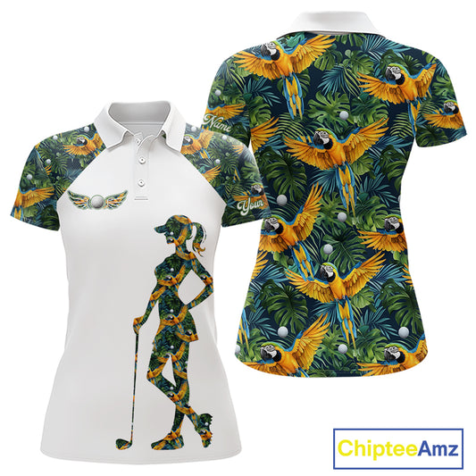 Womens Golf Polo Shirt Custom Colorful Parrots And Floral Tropical Pattern Team Golf Shirts, Golf Gifts NHN0093