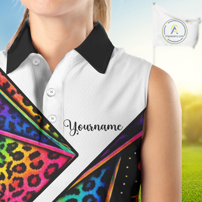 Rainbow Womens Sleeveless Golf Polo Shirt Leopard Print Pattern Custom Team Golf Tops, Golf Gifts NHN0226
