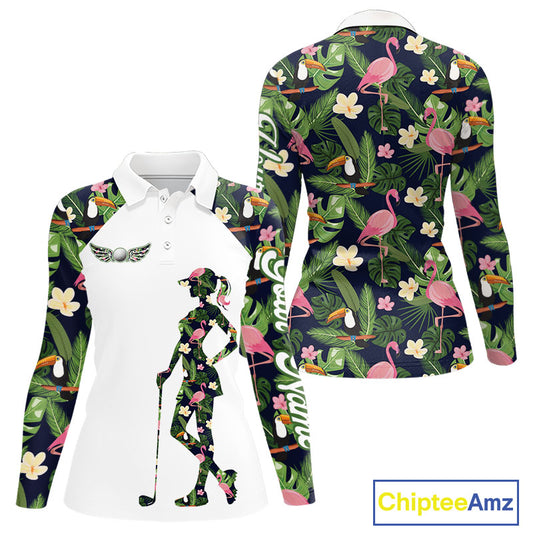 Funny Womens Long Sleeve Golf Polo Shirt Custom Tropical Pattern, Flamingo Golf Shirts For Ladies NHN0099