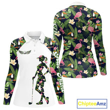 Load image into Gallery viewer, Funny Womens Long Sleeve Golf Polo Shirt Custom Tropical Pattern, Flamingo Golf Shirts For Ladies NHN0099