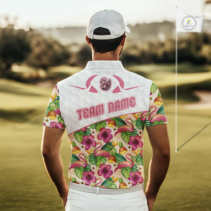 Funny Flamingo Mens Golf Polo Shirt Floral Tropical Custom Pink Golf Shirts Golfer Gift Apparel NHN0107