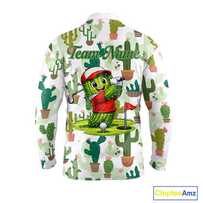 Funny Cactus Flower Long Sleeve Golf Polo Shirt Custom Name Golf Tops, Cactus Golf Shirt Personalized NHN0237