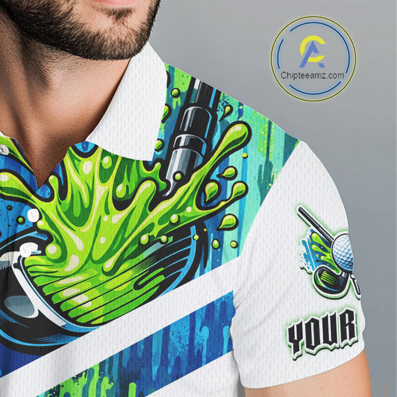Watercolor Mens Golf Polo Shirt Custom Green Golf Ball Pattern Golf Tops For Men, Golf Lovers Gifts NHN0113