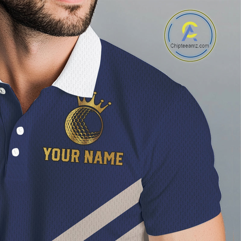 Blue And White Mens Golf Polo Shirt Custom Gold Golfer Swing & Golf Ball Graphic Team Polo, Golf Gifts NHN0115