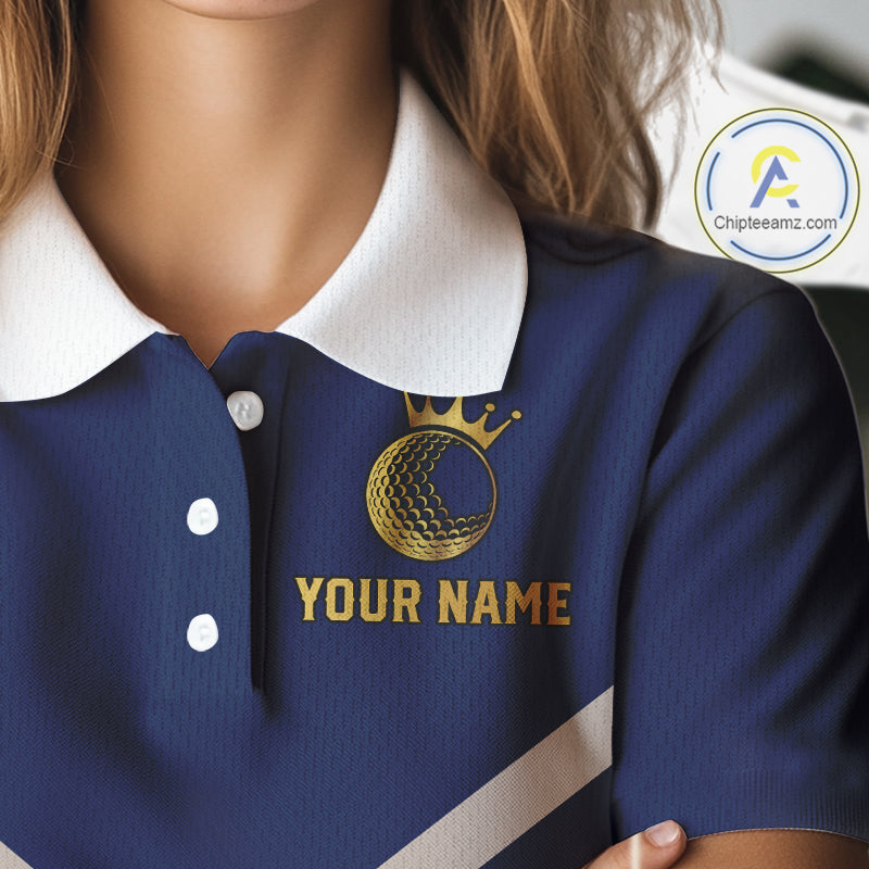 Blue And White Womens Golf Polo Shirt Custom Gold Golfer Swing & Golf Ball Team Polo, Golf Gifts NHN0115