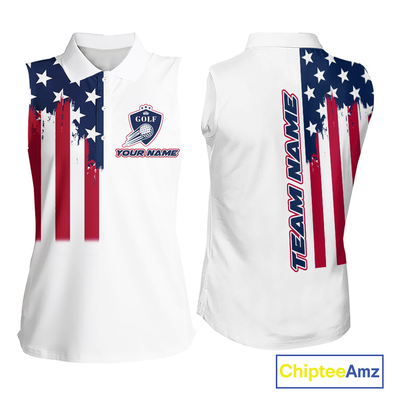 American Flag Womens Sleeveless Golf Polo Shirt Custom Red, White And Blue Patriotic Team Golf Jersey NHN0118