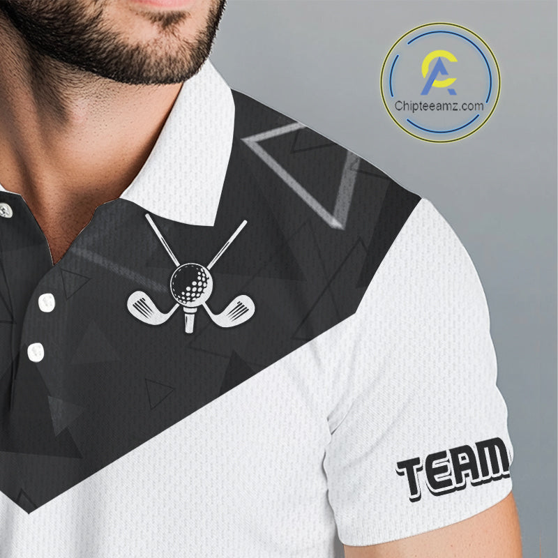 Mens Golf Polo Shirt Black Geometric Triangle Pattern Custom Name White Golf Tops For Men NHN0122