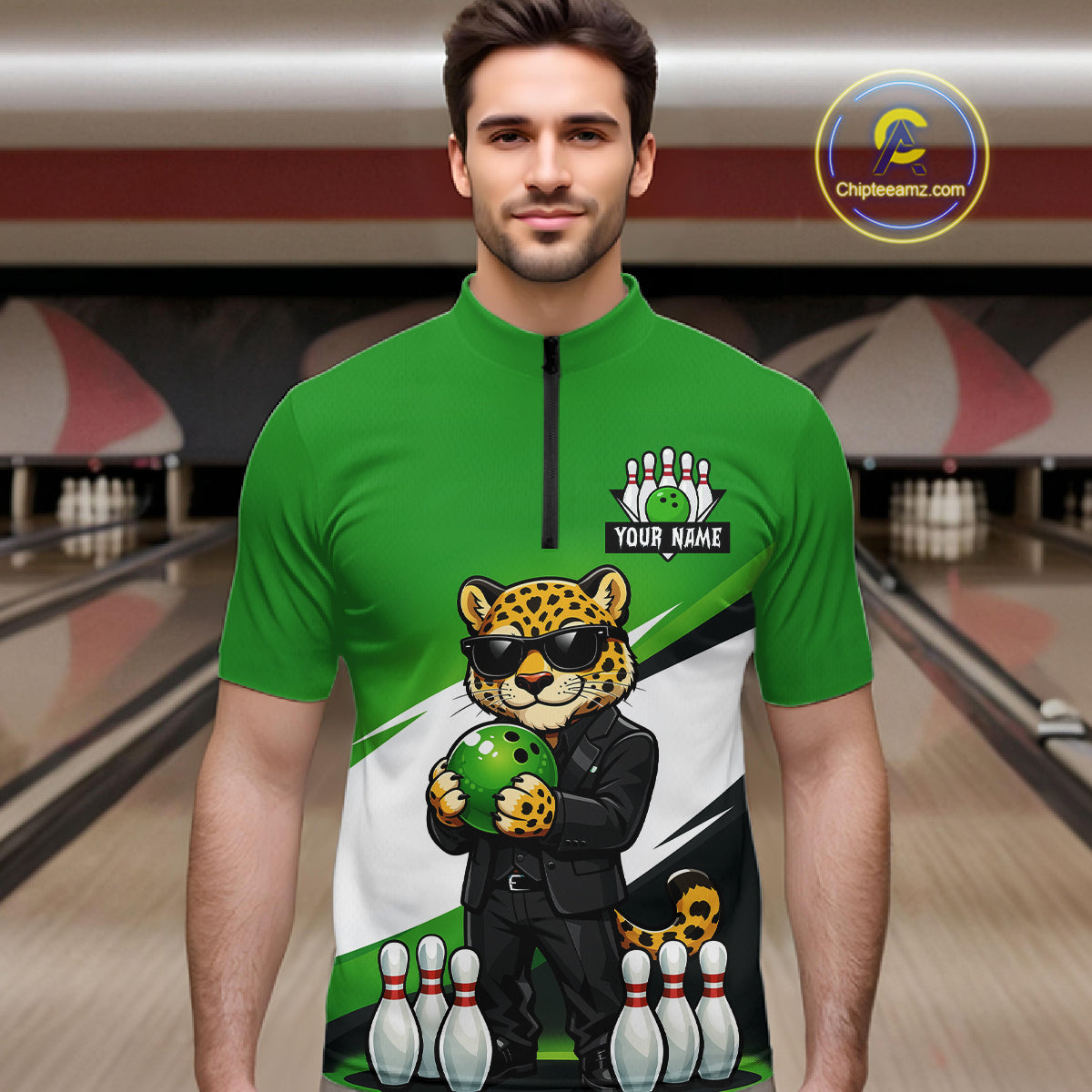 Custom Funny Leopard Bowling Jersey for Men Bowling Team Shirts Bowling League Polo & 1/4 Zip HNT497
