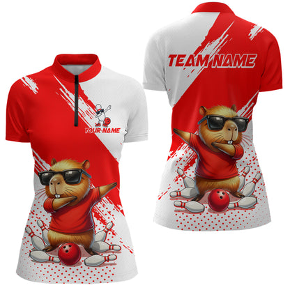 Funny Squirrel Bowling Shirts Team Men Women Bowling Jerseys Red Bowling Polo 1/4 Zip MBL215