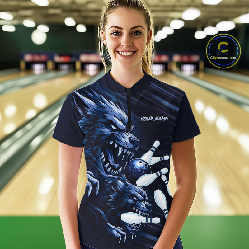 Wolf Bowling Shirts for Team Women Men Custom Blue Wolf Bowling Polo&1/4 Zip MBL192