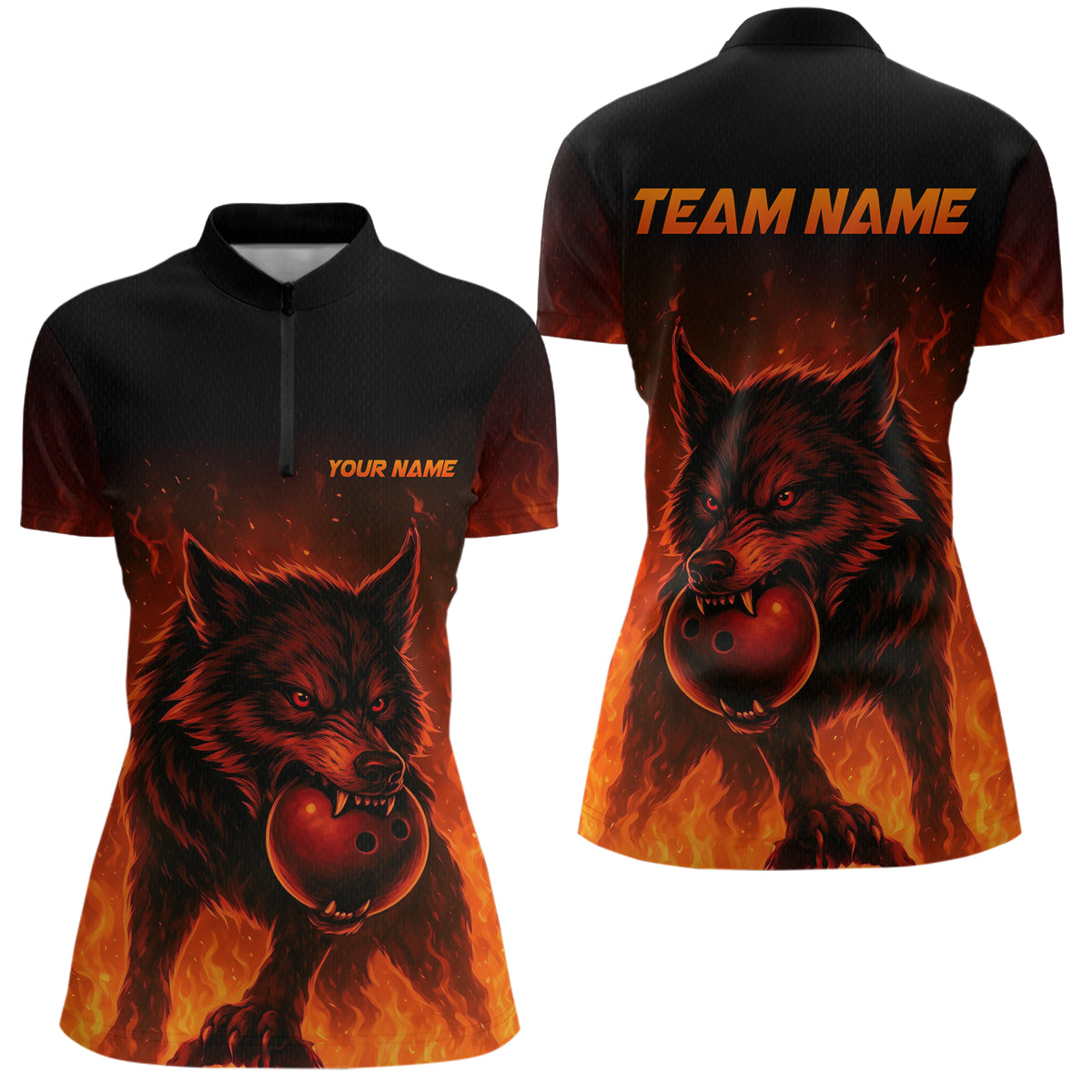 Flame Wolf Bowling Shirts for Team Women Men Custom Wolf Bowling Polo & Quarter Zip MBL195