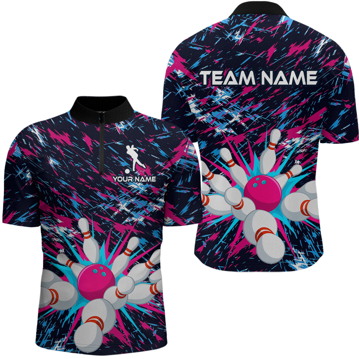 Pink and Purple Bowling Shirts for Team Women Men Bowling Polo and 1/4 Zip Shirt MBL229