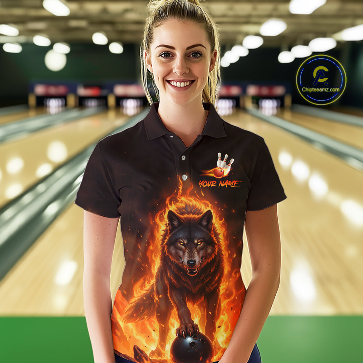 Flaming Wolf Bowling Shirts for Team Women Men Bowling Jersey Bowl Polo&1/4 Zip MBL237