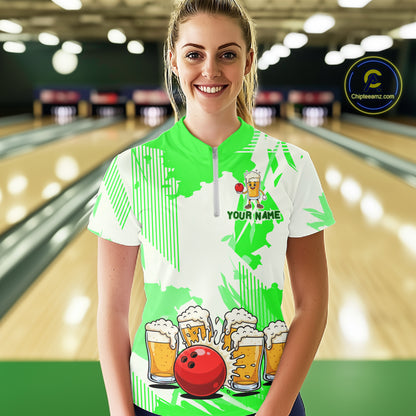Beer Bowling Shirts Green for Team Women Men Custom Bowling Polo & 1/4 Zip Shirt MBL245
