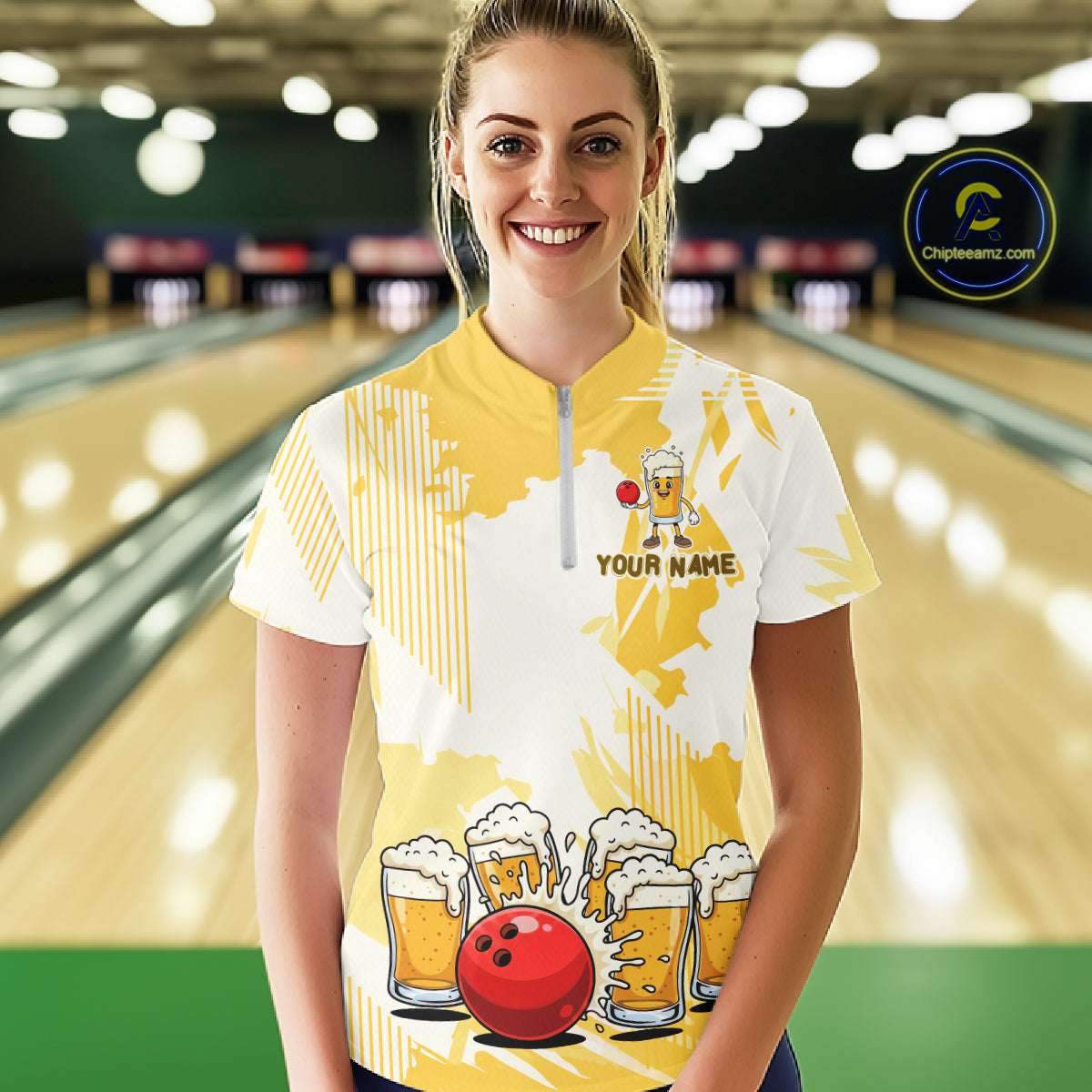 Beer Bowling Shirts Yellow for Team Women Men Custom Bowling Polo & 1/4 Zip Shirt MBL245