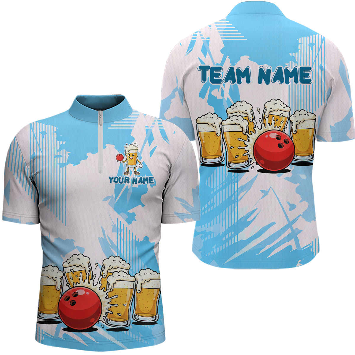 Beer Bowling Shirts Blue for Team Women Men Custom Bowling Polo & 1/4 Zip Shirt MBL245