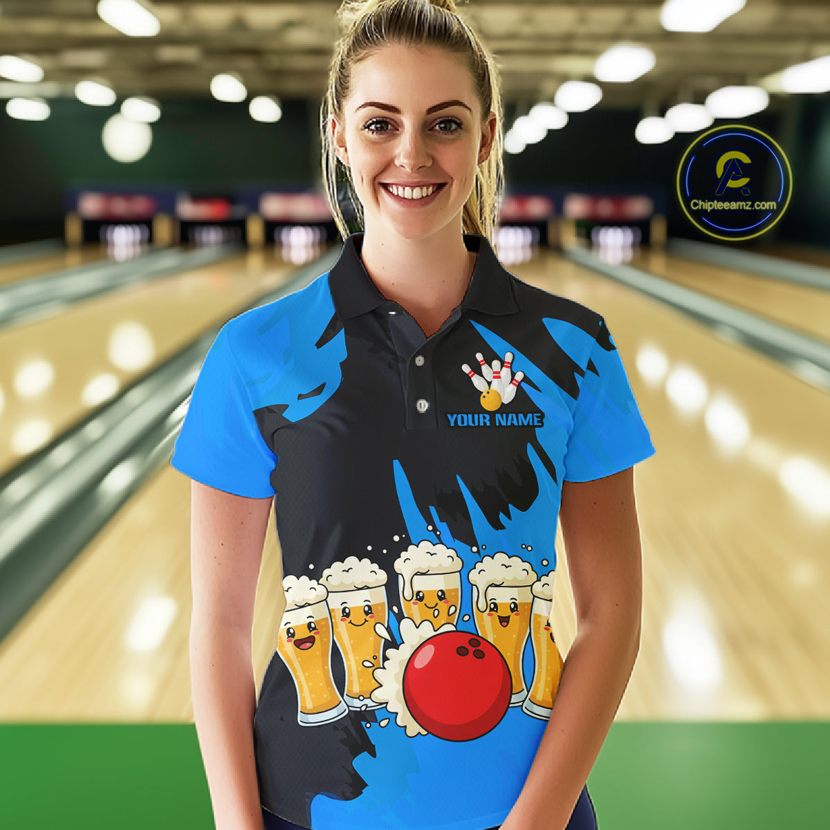 Funny Beer Bowling Shirts Blue for Women Men Team Bowling Polo & 1/4 Zip Shirts MBL251