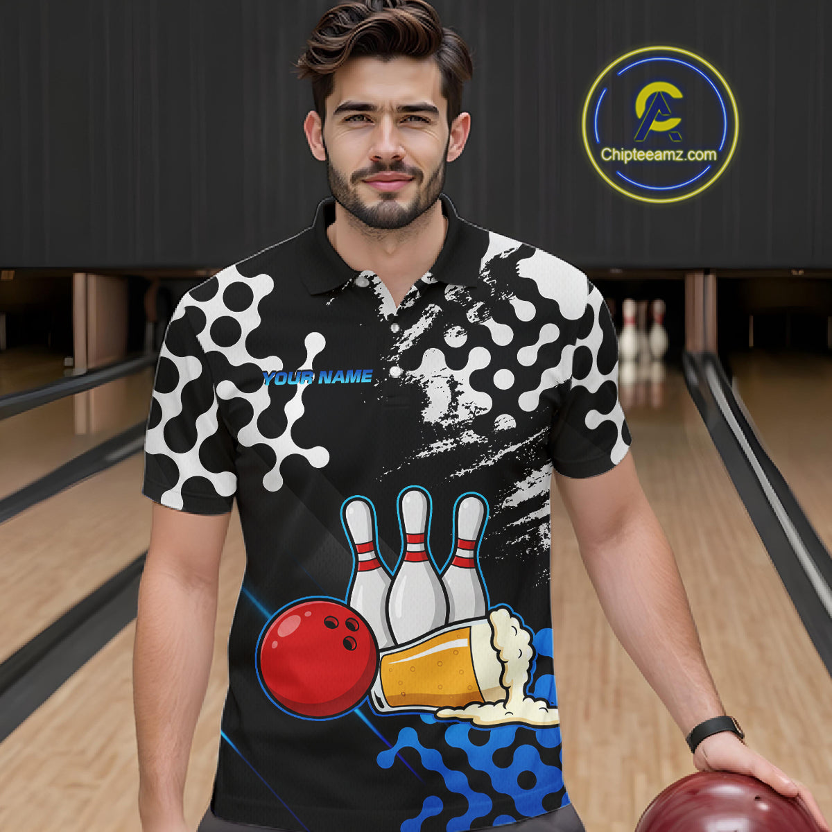 Blue Beer Bowling Shirts for Team Women Men Beer Bowling Polo&1/4 Zip Bowl League MBL255