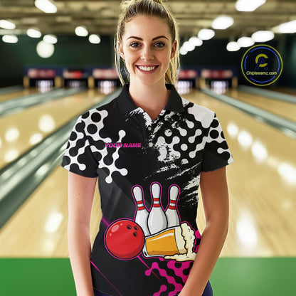 Pink Beer Bowling Shirts for Team Women Men Beer Bowling Polo&1/4 Zip Bowl League MBL255