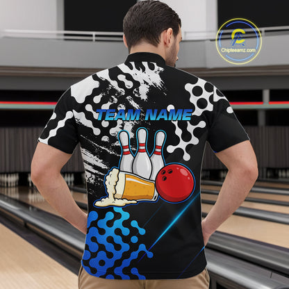 Blue Beer Bowling Shirts for Team Women Men Beer Bowling Polo&1/4 Zip Bowl League MBL255